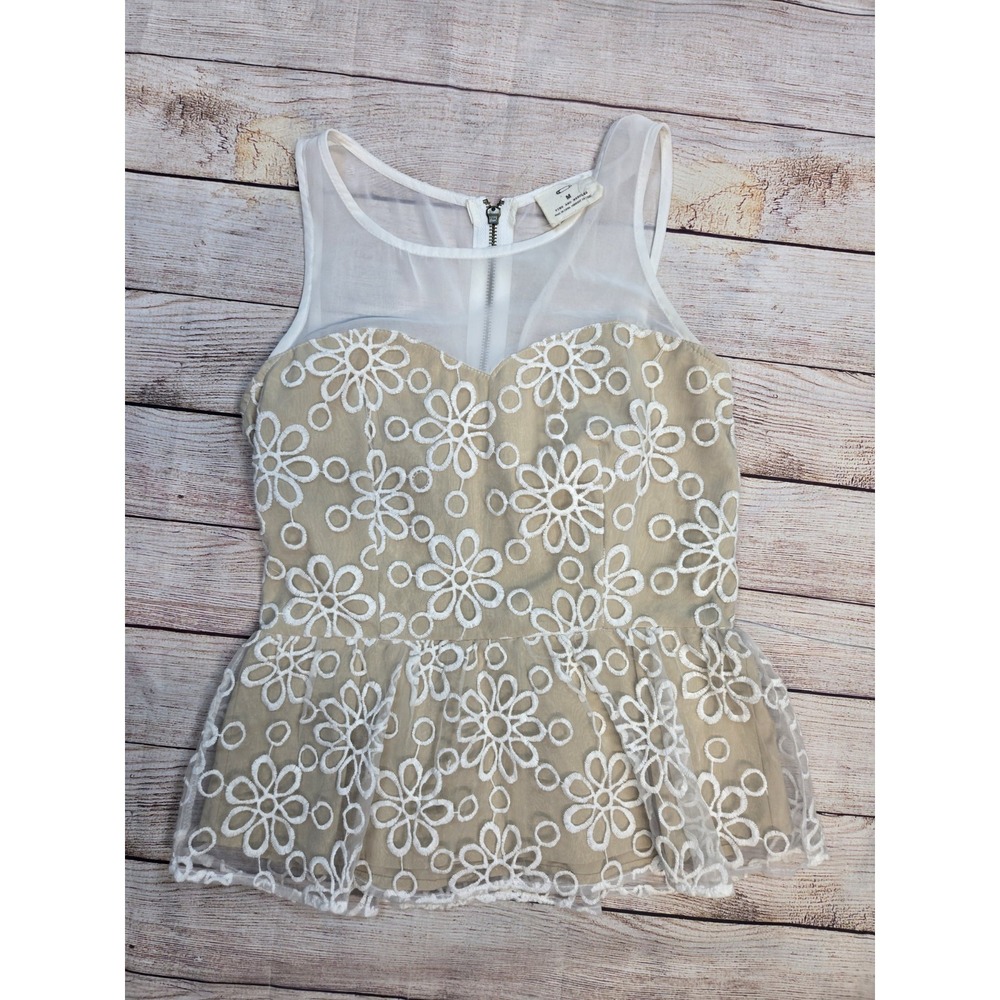 Pins & Needles Anthropologie Peplum  Top‎ Beige Sheer Floral Embroidery Size M